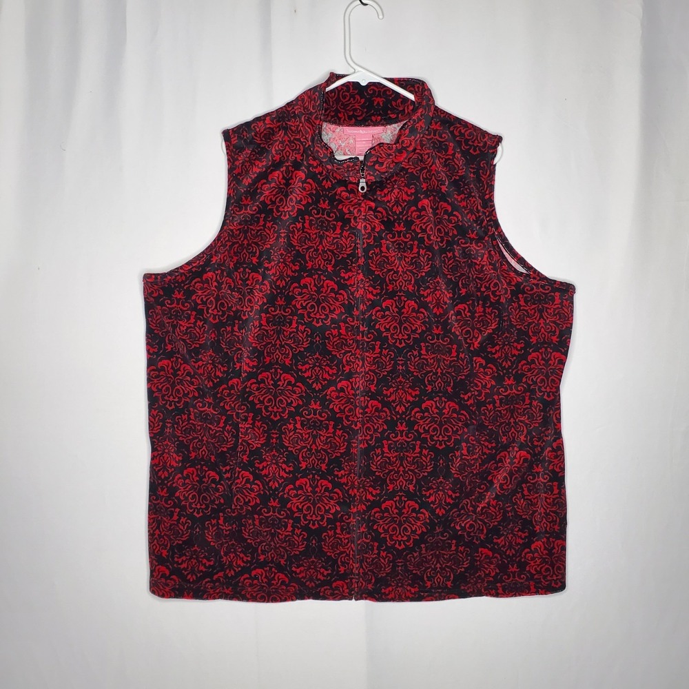 Woman Within Velour Vest Women 1X  Red Black Paisley Zipper Romantic Whimsigoth‎